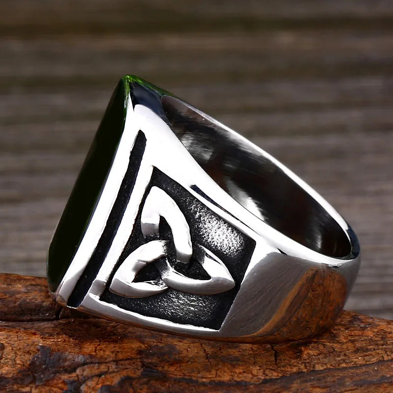 BEIER Punk Titanium Steel Ring for Men Jewelry Flat Black Stone Valknut Signet Ring Odin Symbol Norse Viking Biker Ring BR8-037