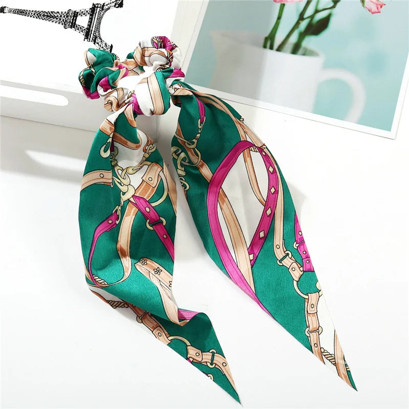 Bohemian Fashion Flower Printed Satin Elastic Long Ribbon Hair Bands Ponytail Scarf Hair Tie Women Scrunchies Hair Accessories