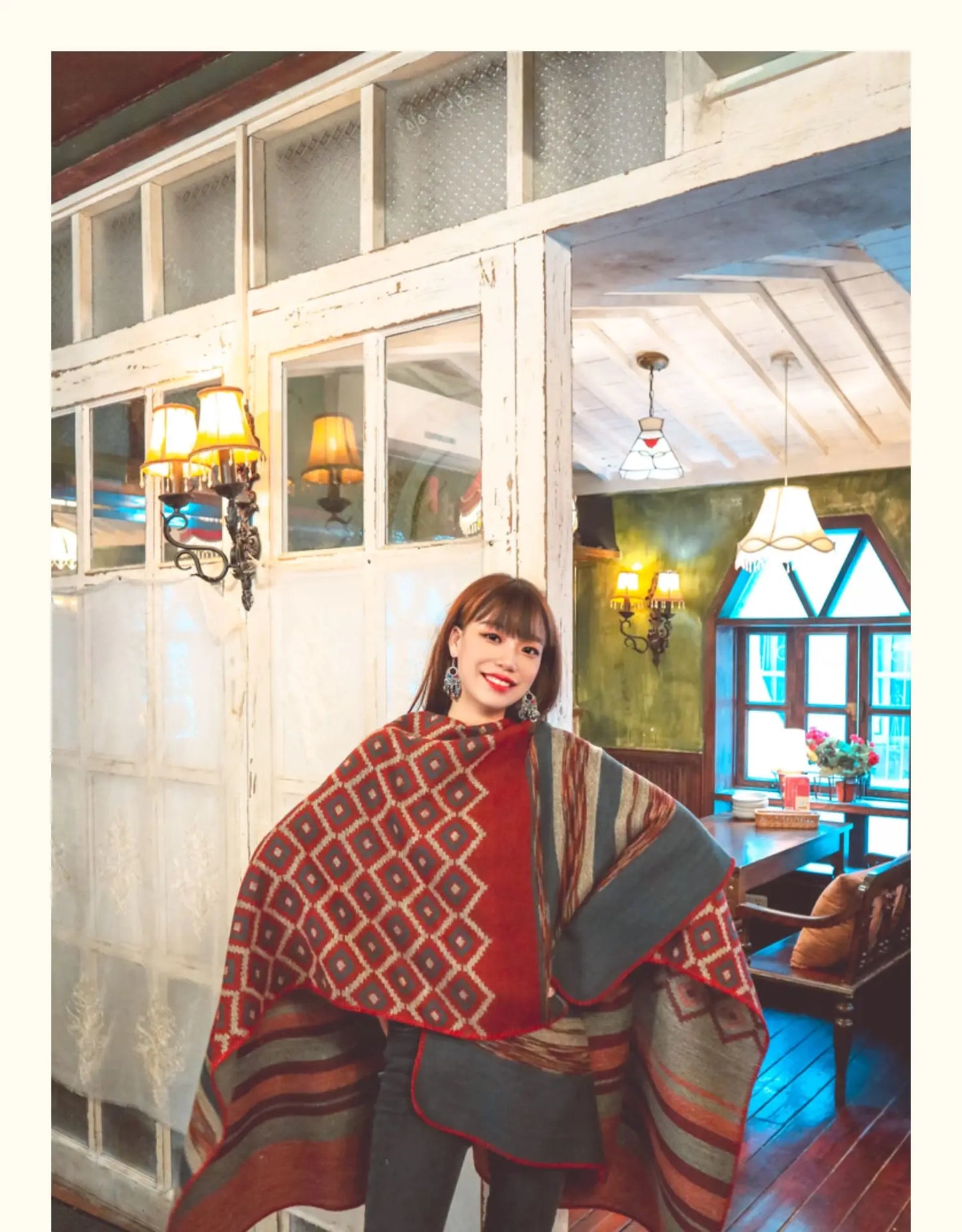 KHALEE YOSE Ethnic Argyle Strapped Cloak Cardigan Vintage Chic Autumn Winter Floral Boho Knited Cape Shawl Poncho Warm Outwear