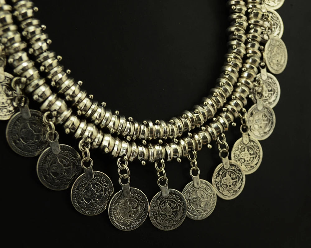 Boho Ethnic Turkish Gypsy Tribal Indian Beach Choker Bib Coin Tassel Collares Necklace For Women Vintage Silvery Afghan Jewelry