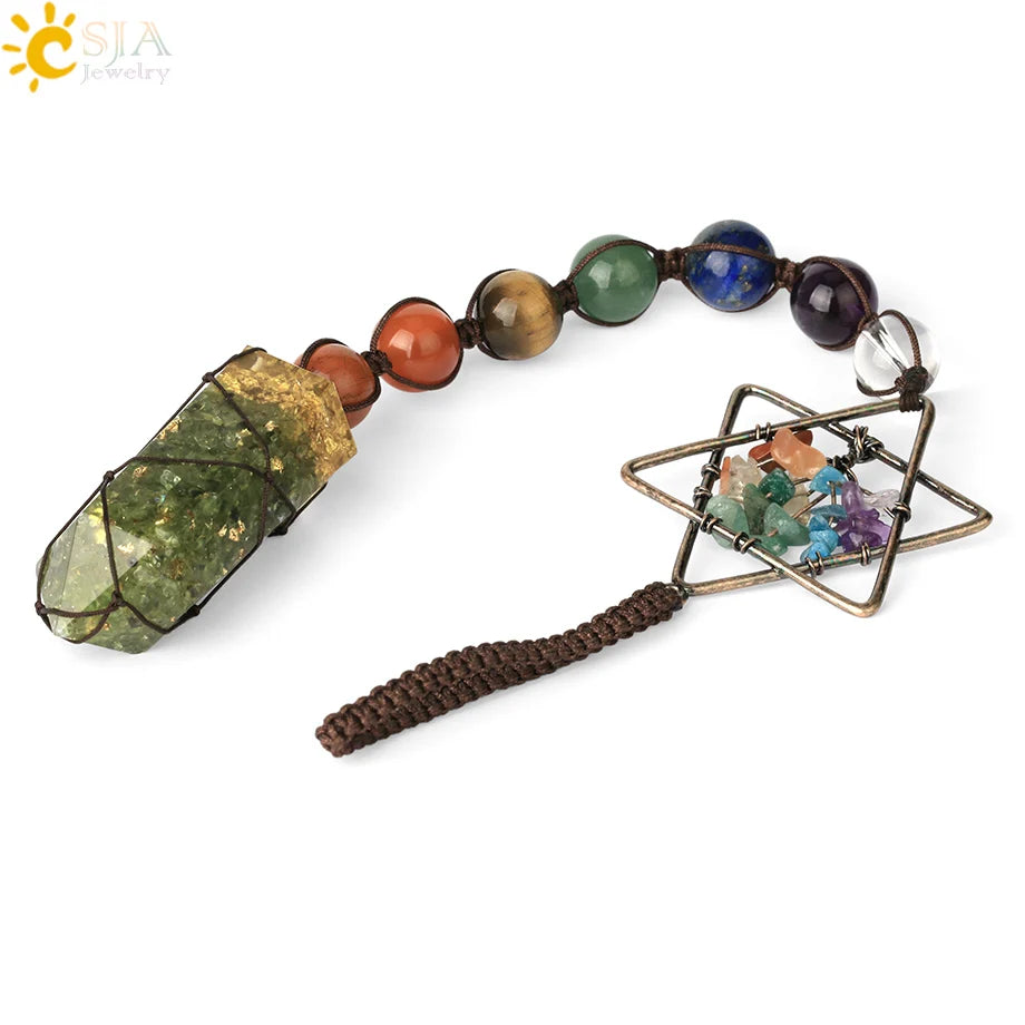 CSJA 7 Chakra Car Hanging Accessories for Mirror Hexagram Tree of Life Chip Crystal Beads Door Window Ornaments Feng Shui G707
