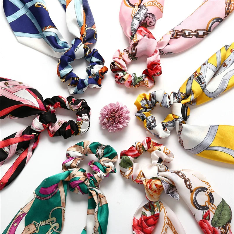 Bohemian Fashion Flower Printed Satin Elastic Long Ribbon Hair Bands Ponytail Scarf Hair Tie Women Scrunchies Hair Accessories