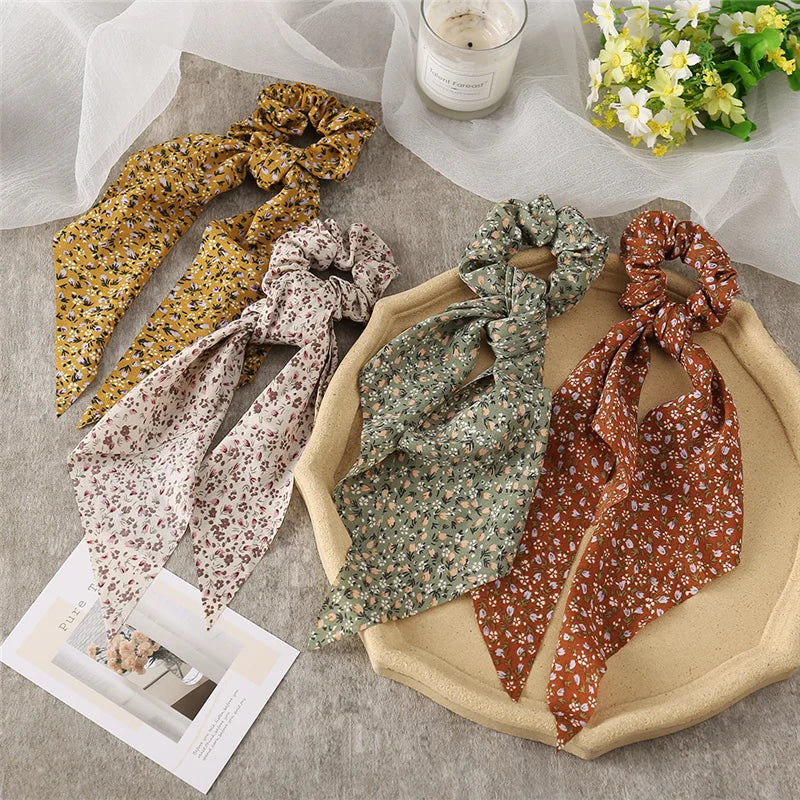 Bohemian Fashion Flower Printed Satin Elastic Long Ribbon Hair Bands Ponytail Scarf Hair Tie Women Scrunchies Hair Accessories