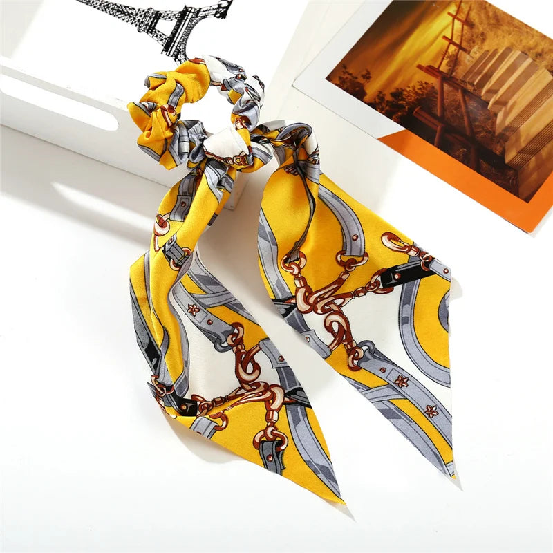Bohemian Fashion Flower Printed Satin Elastic Long Ribbon Hair Bands Ponytail Scarf Hair Tie Women Scrunchies Hair Accessories