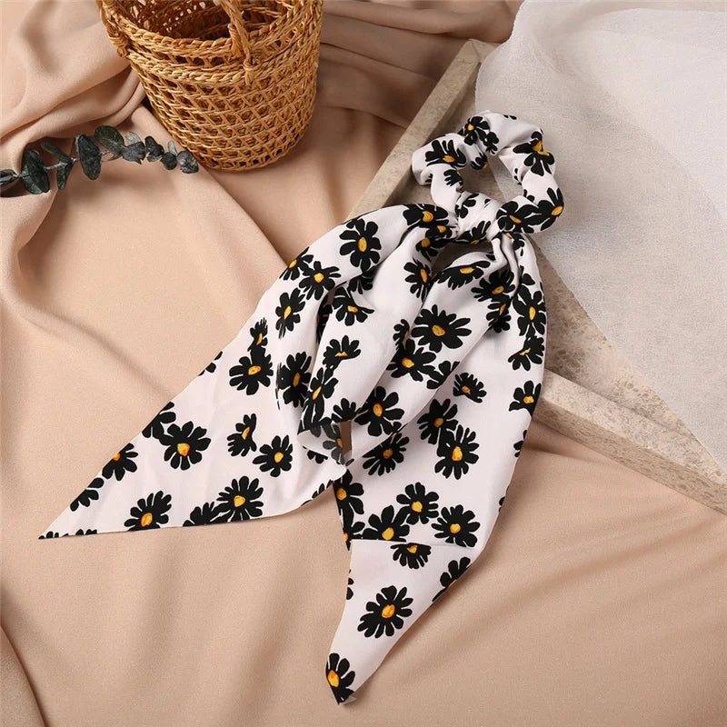 Bohemian Fashion Flower Printed Satin Elastic Long Ribbon Hair Bands Ponytail Scarf Hair Tie Women Scrunchies Hair Accessories