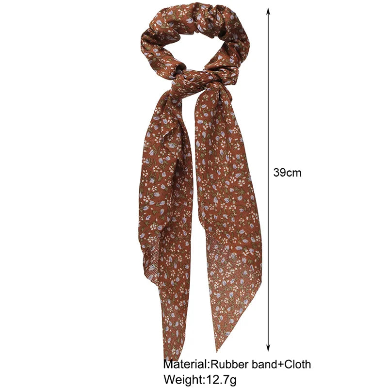 Bohemian Fashion Flower Printed Satin Elastic Long Ribbon Hair Bands Ponytail Scarf Hair Tie Women Scrunchies Hair Accessories