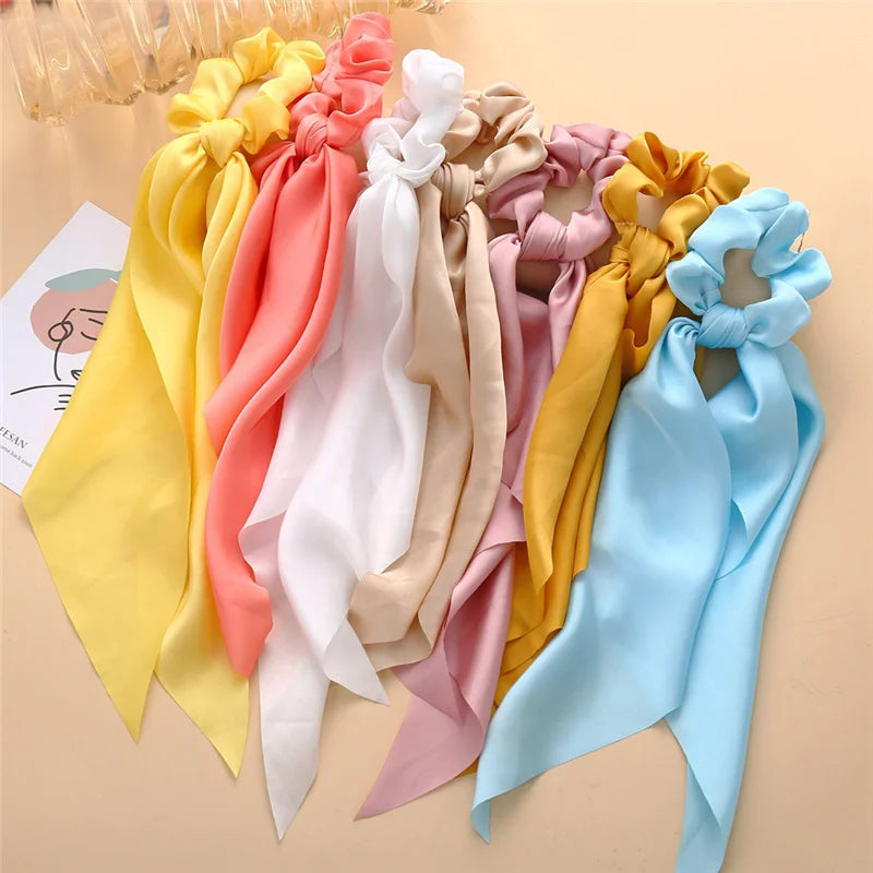 Bohemian Fashion Flower Printed Satin Elastic Long Ribbon Hair Bands Ponytail Scarf Hair Tie Women Scrunchies Hair Accessories