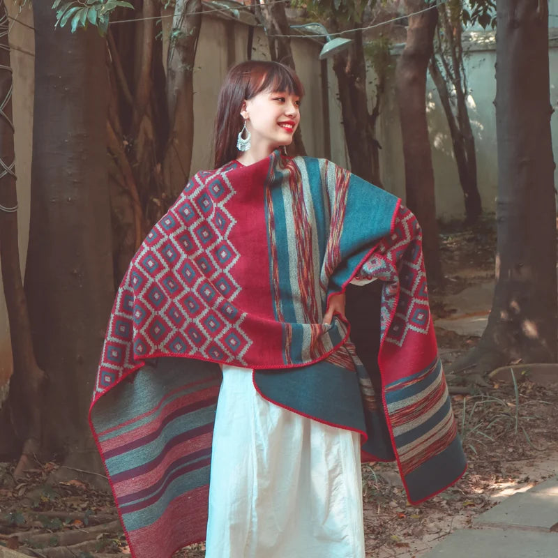 KHALEE YOSE Ethnic Argyle Strapped Cloak Cardigan Vintage Chic Autumn Winter Floral Boho Knited Cape Shawl Poncho Warm Outwear