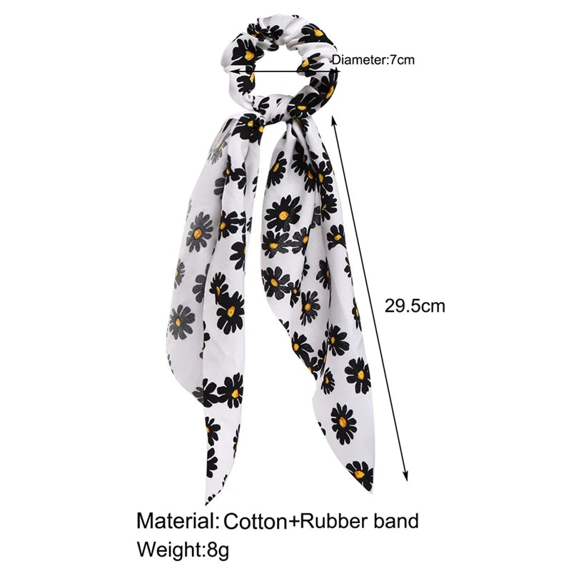Bohemian Fashion Flower Printed Satin Elastic Long Ribbon Hair Bands Ponytail Scarf Hair Tie Women Scrunchies Hair Accessories