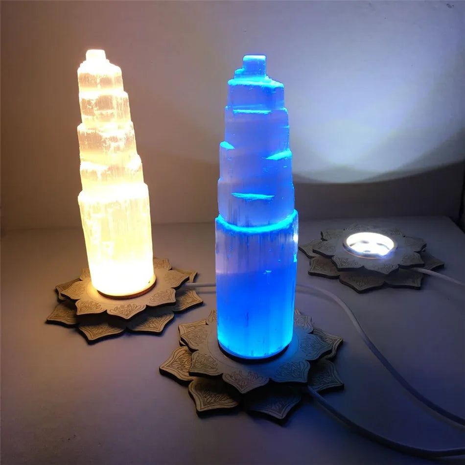 Natural Quartz Crystal Selenite Tower Lotus Lamp Gypsum Castle Reiki Healing Home Decor Mineral Specimen