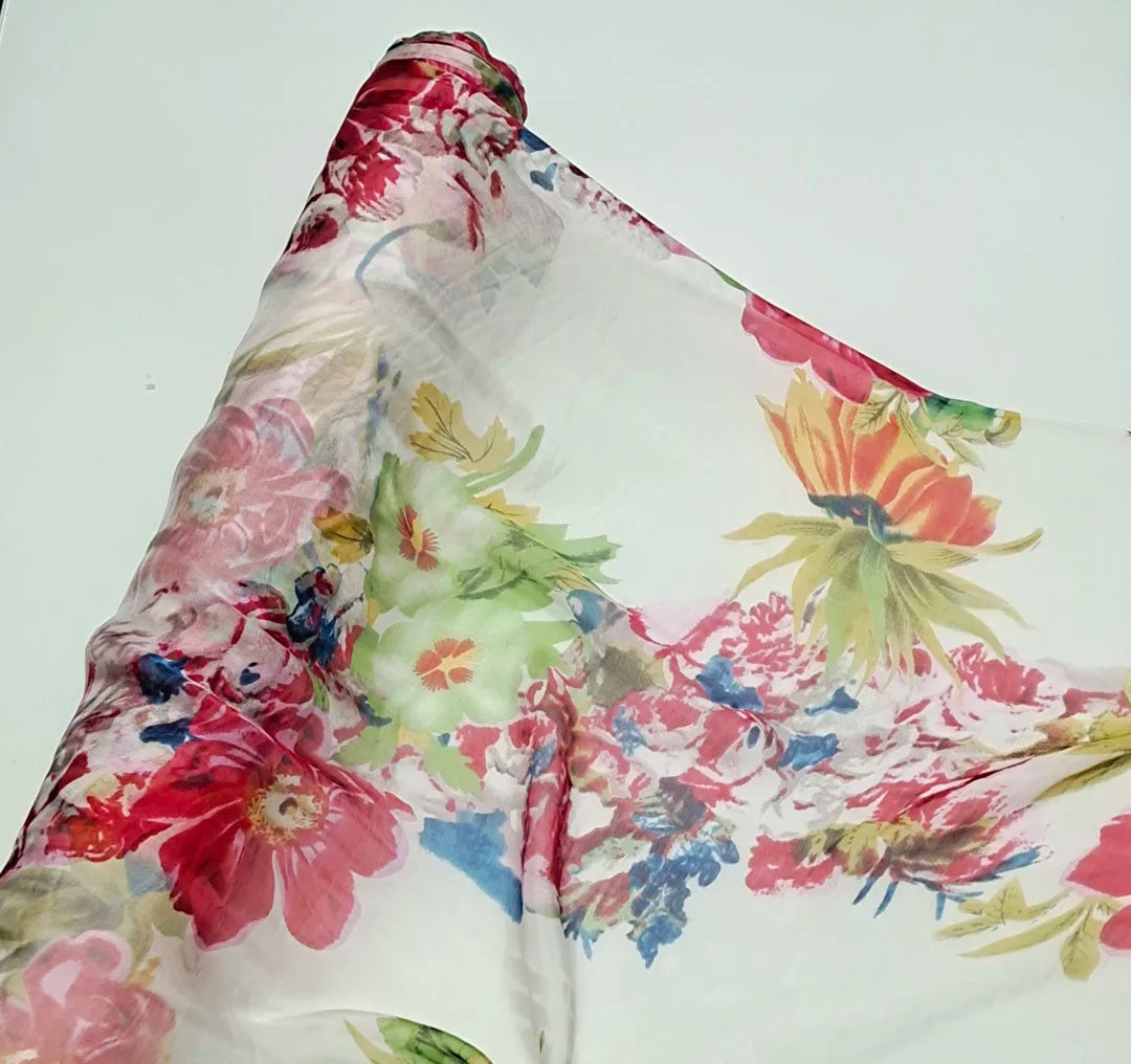 Pure Silk 100% Fabric On Sale Bohemian Floral Chiffon Style Width 135cm Soft 6mm Dress Scarf Material
