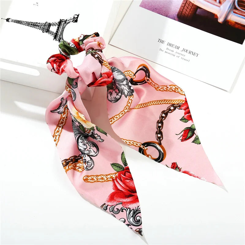 Bohemian Fashion Flower Printed Satin Elastic Long Ribbon Hair Bands Ponytail Scarf Hair Tie Women Scrunchies Hair Accessories
