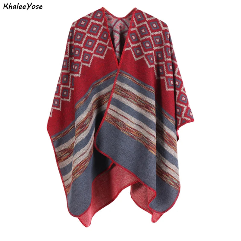 KHALEE YOSE Ethnic Argyle Strapped Cloak Cardigan Vintage Chic Autumn Winter Floral Boho Knited Cape Shawl Poncho Warm Outwear