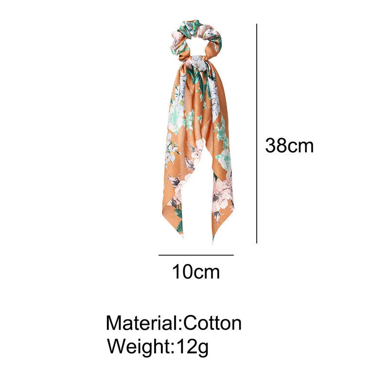 Bohemian Fashion Flower Printed Satin Elastic Long Ribbon Hair Bands Ponytail Scarf Hair Tie Women Scrunchies Hair Accessories