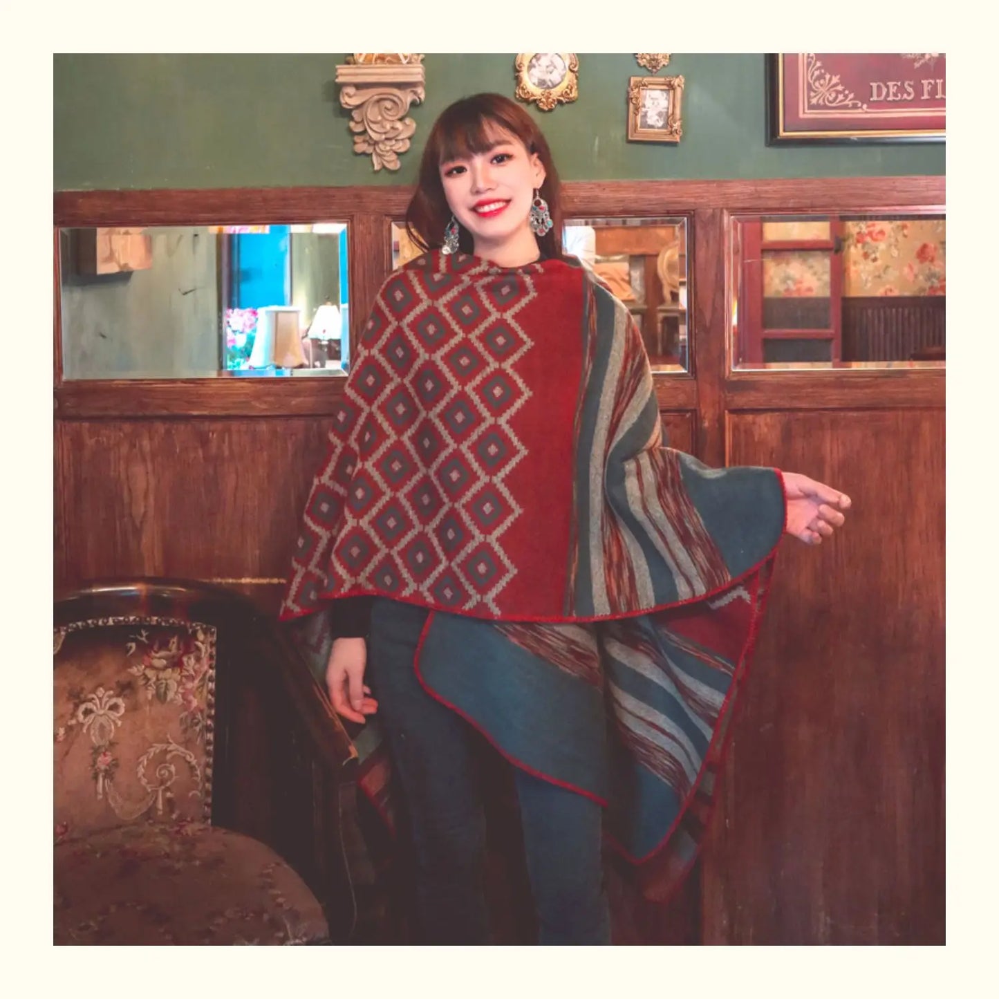 KHALEE YOSE Ethnic Argyle Strapped Cloak Cardigan Vintage Chic Autumn Winter Floral Boho Knited Cape Shawl Poncho Warm Outwear