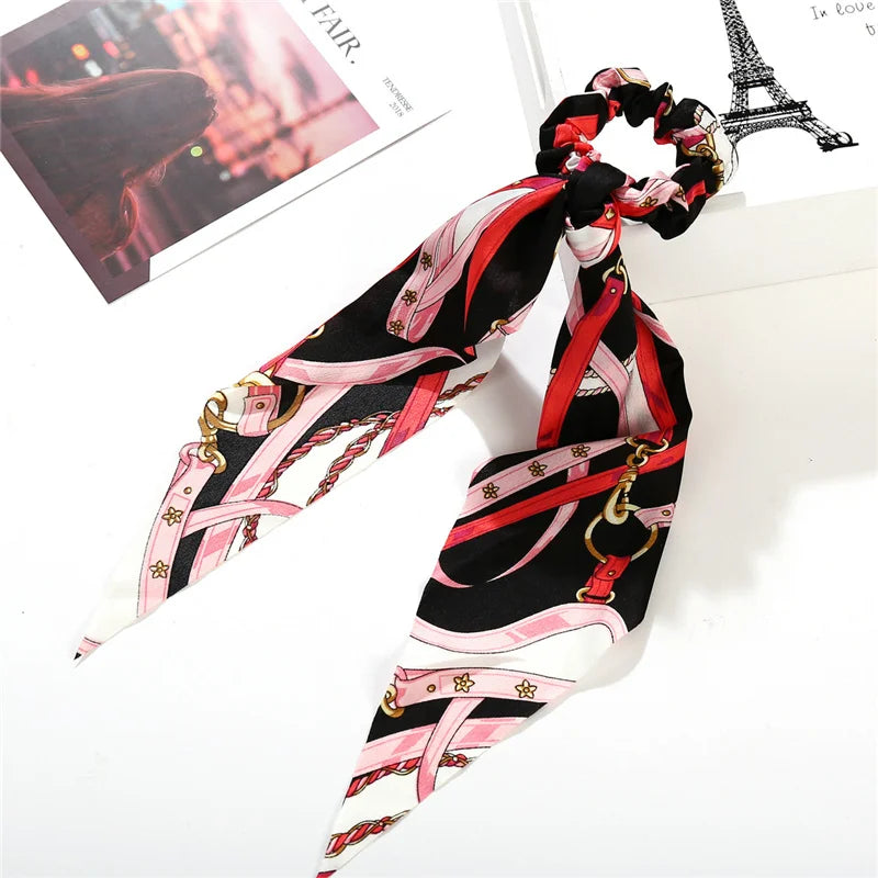 Bohemian Fashion Flower Printed Satin Elastic Long Ribbon Hair Bands Ponytail Scarf Hair Tie Women Scrunchies Hair Accessories