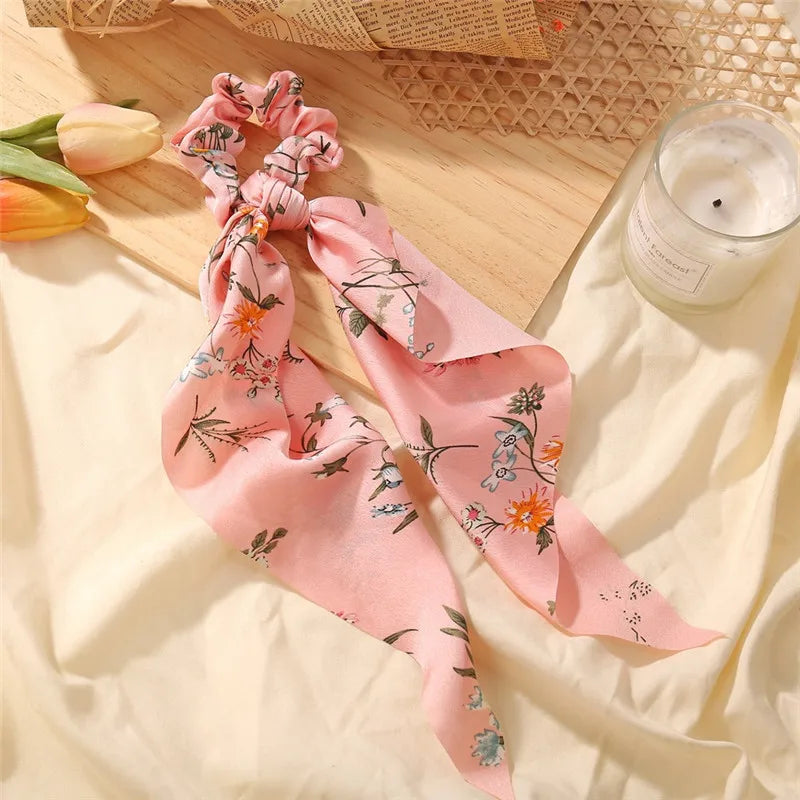 Bohemian Fashion Flower Printed Satin Elastic Long Ribbon Hair Bands Ponytail Scarf Hair Tie Women Scrunchies Hair Accessories
