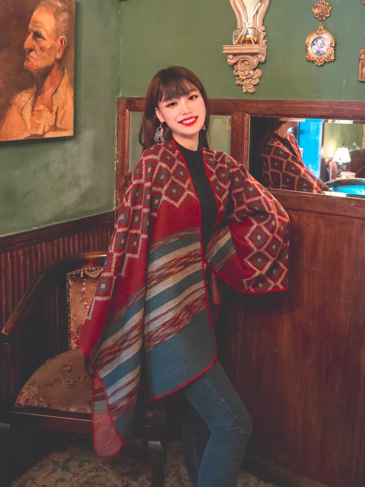 KHALEE YOSE Ethnic Argyle Strapped Cloak Cardigan Vintage Chic Autumn Winter Floral Boho Knited Cape Shawl Poncho Warm Outwear