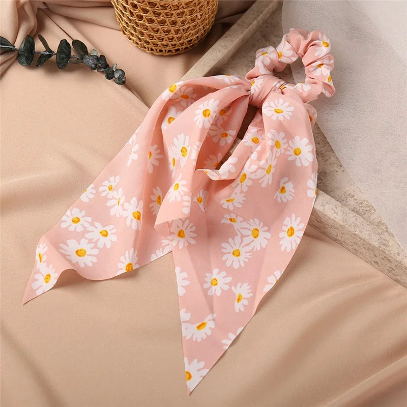 Bohemian Fashion Flower Printed Satin Elastic Long Ribbon Hair Bands Ponytail Scarf Hair Tie Women Scrunchies Hair Accessories