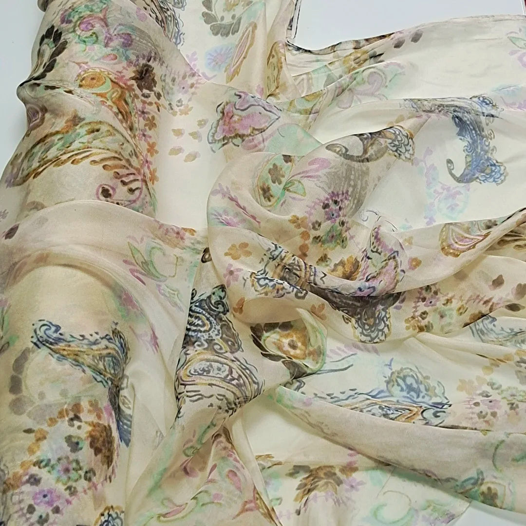 Pure Silk 100% Fabric On Sale Bohemian Floral Chiffon Style Width 135cm Soft 6mm Dress Scarf Material