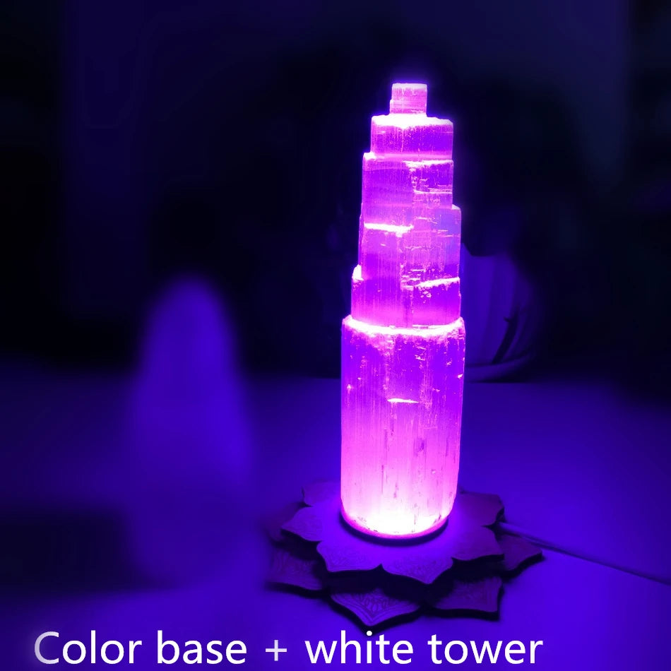Natural Quartz Crystal Selenite Tower Lotus Lamp Gypsum Castle Reiki Healing Home Decor Mineral Specimen
