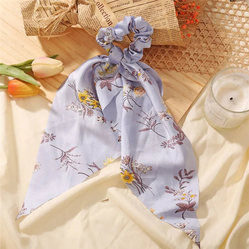 Bohemian Fashion Flower Printed Satin Elastic Long Ribbon Hair Bands Ponytail Scarf Hair Tie Women Scrunchies Hair Accessories