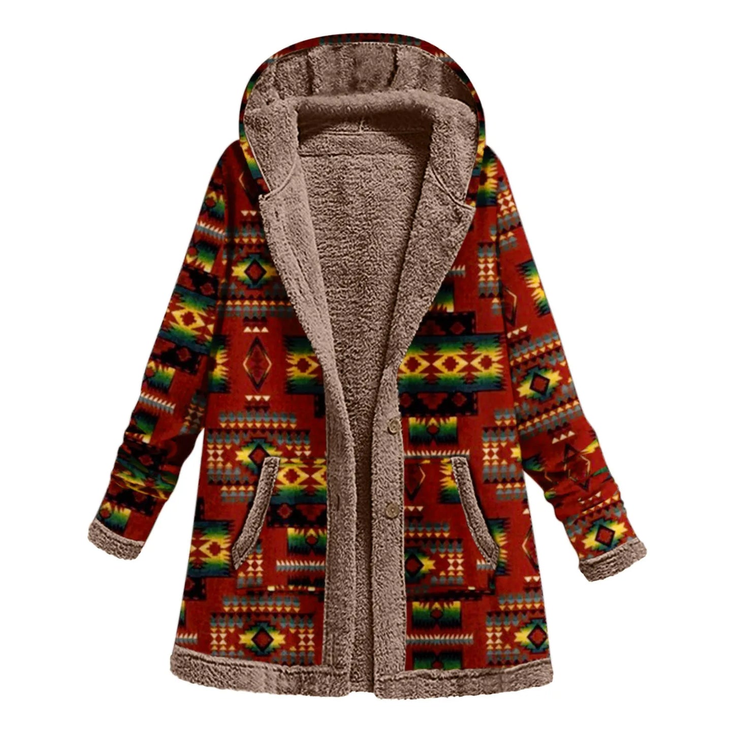 Women Winter Warm Coat Casual Patchwork Female Long Sleeve Hooded Outwear Fashion Streetwear Lady Clothes Loose Boho Jacket