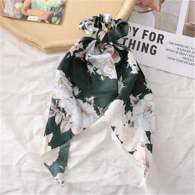 Bohemian Fashion Flower Printed Satin Elastic Long Ribbon Hair Bands Ponytail Scarf Hair Tie Women Scrunchies Hair Accessories