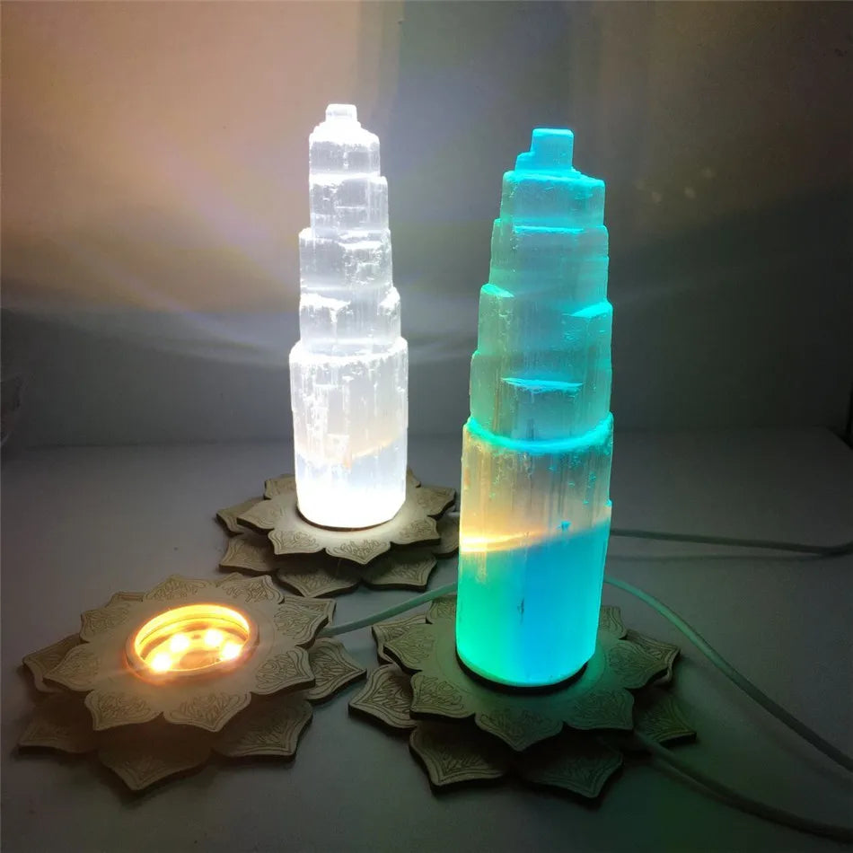 Natural Quartz Crystal Selenite Tower Lotus Lamp Gypsum Castle Reiki Healing Home Decor Mineral Specimen