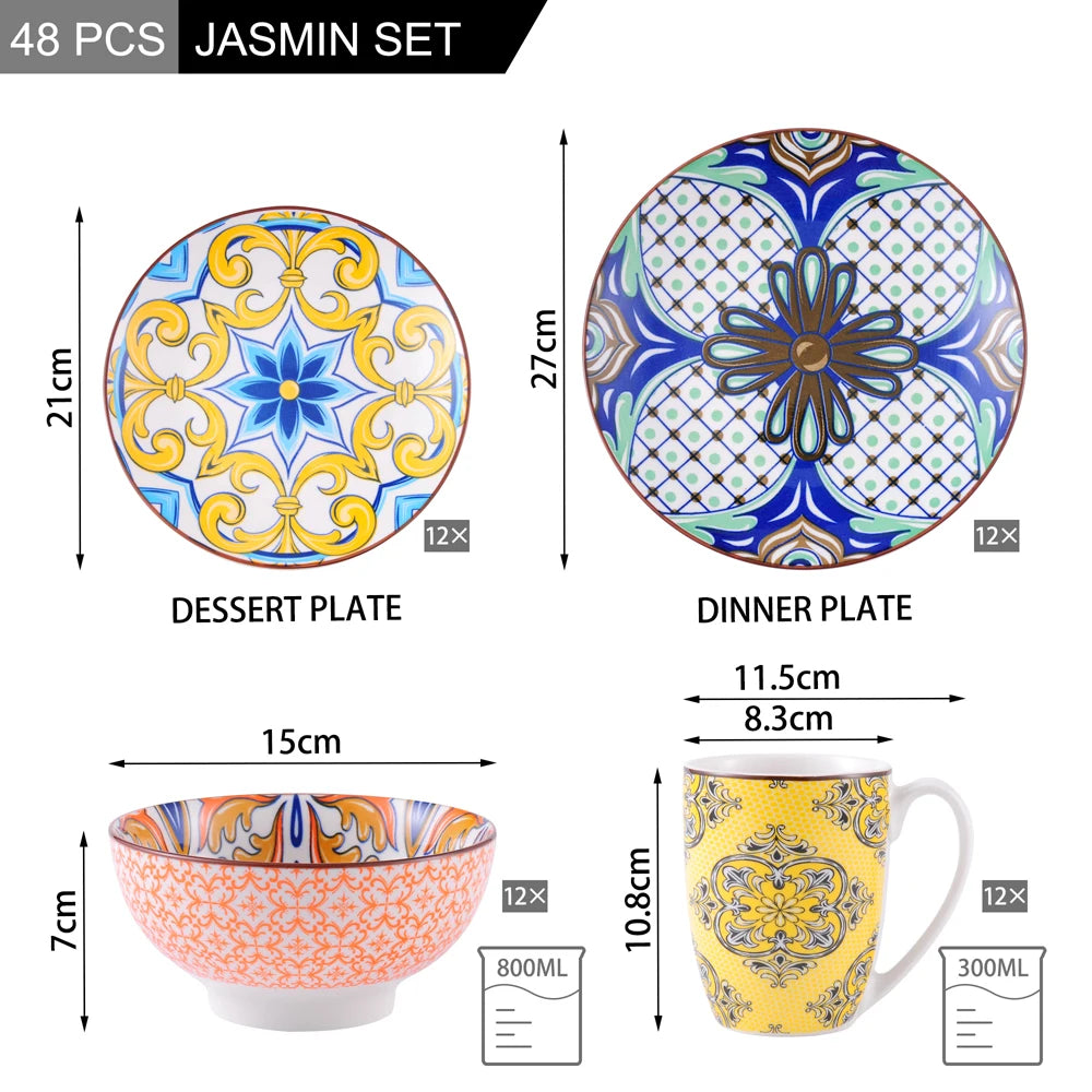 VANCASSO 16/32/48-Piece Jasmin Pattern Porcelain Tableware Dinnerware Dinner Set with Dinner Plate,Dessert Plate,Bowl,Mug Set