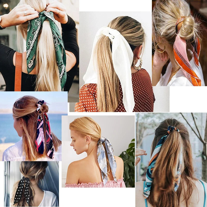 Bohemian Fashion Flower Printed Satin Elastic Long Ribbon Hair Bands Ponytail Scarf Hair Tie Women Scrunchies Hair Accessories