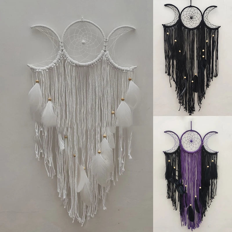 Triple Moon Goddess Macrame Wall Hanging Boho Half Moon Large Dream Catcher Decor Home Bedroom Chic Decoration Art Craft Gift