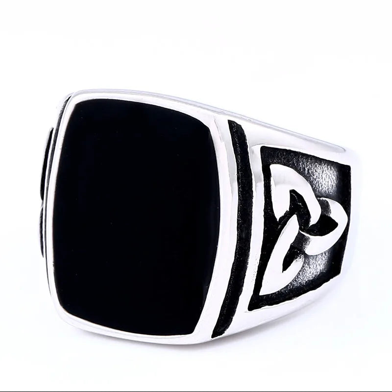 BEIER Punk Titanium Steel Ring for Men Jewelry Flat Black Stone Valknut Signet Ring Odin Symbol Norse Viking Biker Ring BR8-037