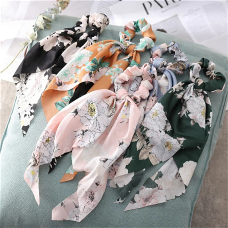 Bohemian Fashion Flower Printed Satin Elastic Long Ribbon Hair Bands Ponytail Scarf Hair Tie Women Scrunchies Hair Accessories