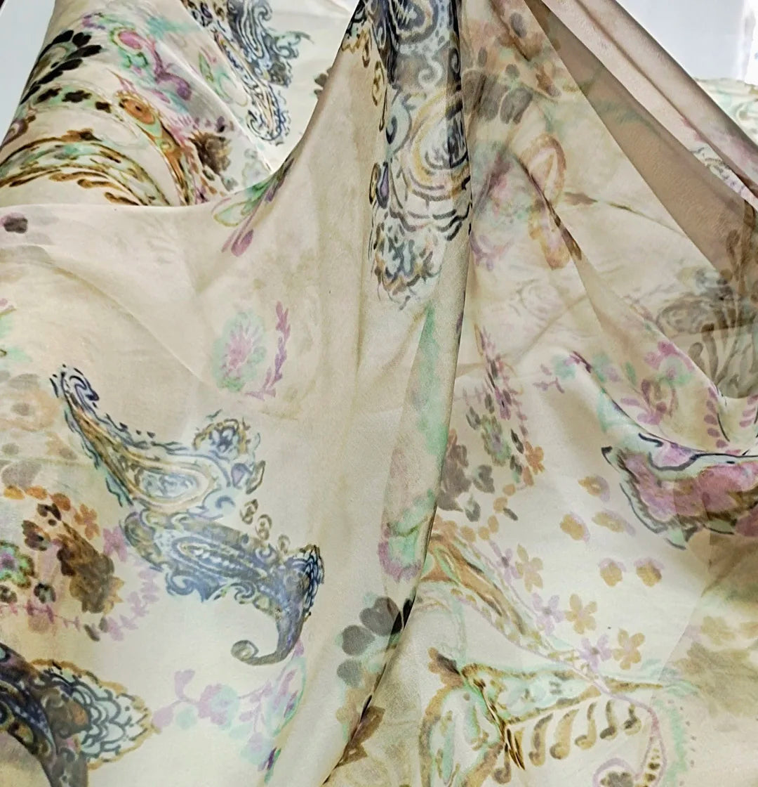 Pure Silk 100% Fabric On Sale Bohemian Floral Chiffon Style Width 135cm Soft 6mm Dress Scarf Material