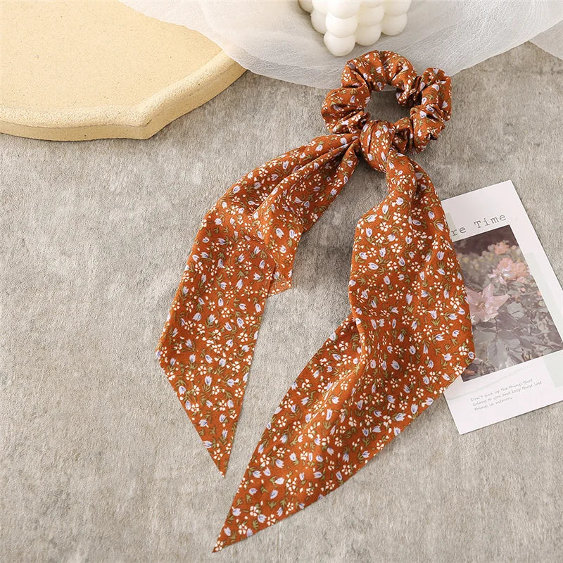 Bohemian Fashion Flower Printed Satin Elastic Long Ribbon Hair Bands Ponytail Scarf Hair Tie Women Scrunchies Hair Accessories