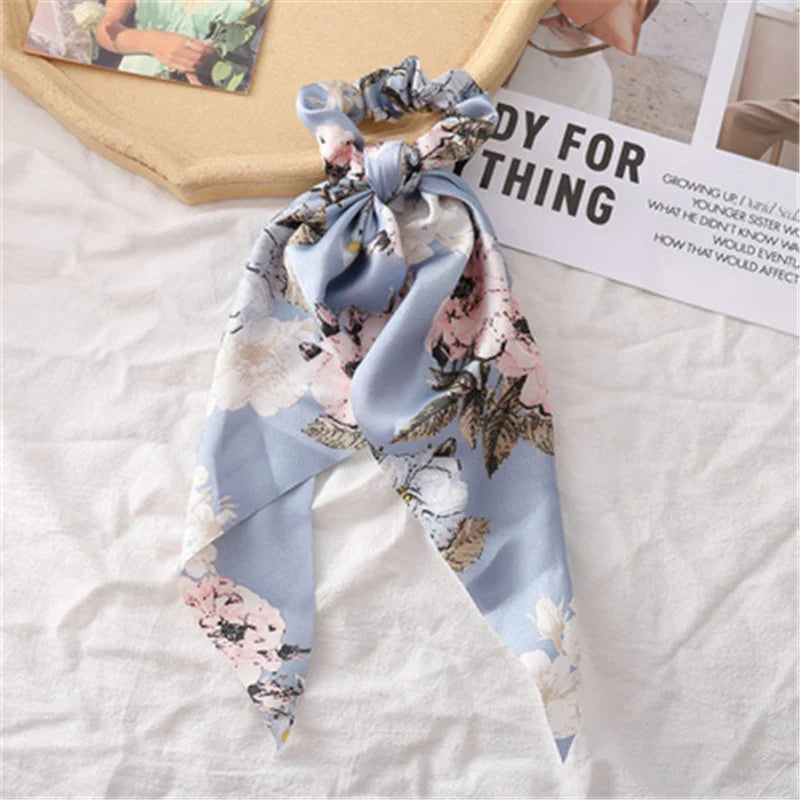 Bohemian Fashion Flower Printed Satin Elastic Long Ribbon Hair Bands Ponytail Scarf Hair Tie Women Scrunchies Hair Accessories