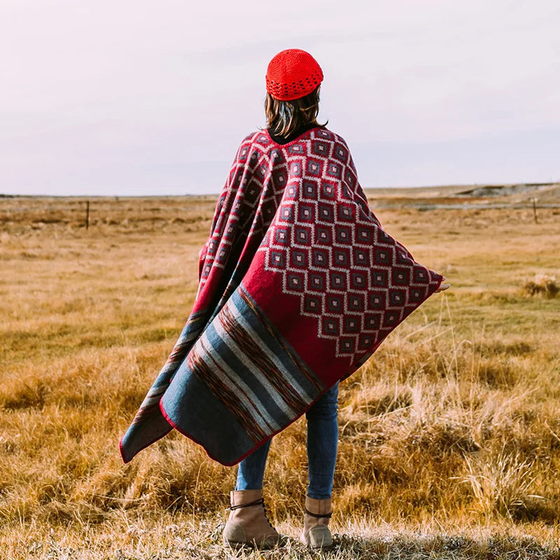 KHALEE YOSE Ethnic Argyle Strapped Cloak Cardigan Vintage Chic Autumn Winter Floral Boho Knited Cape Shawl Poncho Warm Outwear