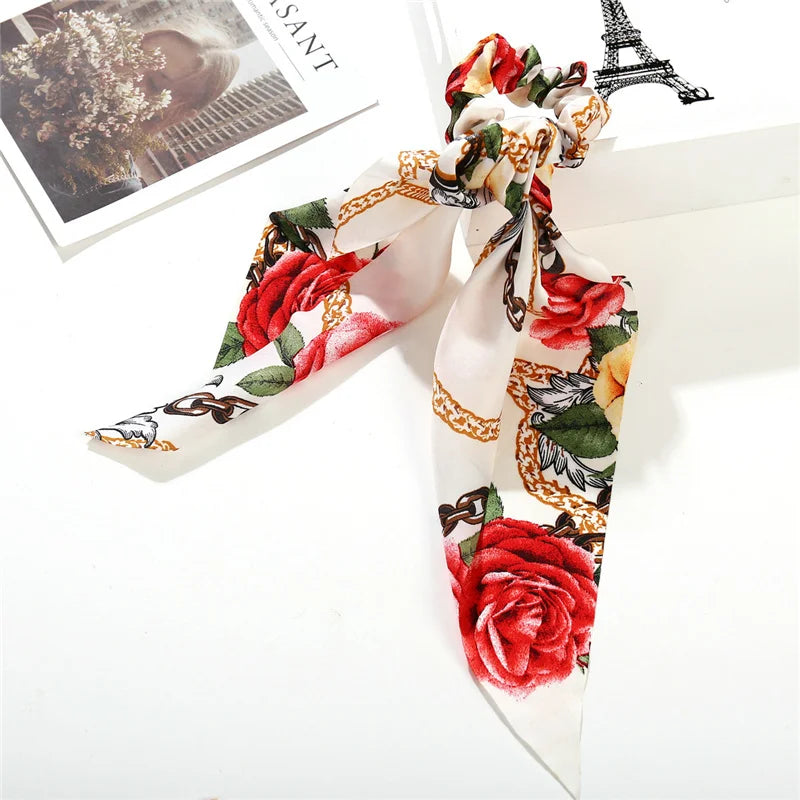 Bohemian Fashion Flower Printed Satin Elastic Long Ribbon Hair Bands Ponytail Scarf Hair Tie Women Scrunchies Hair Accessories
