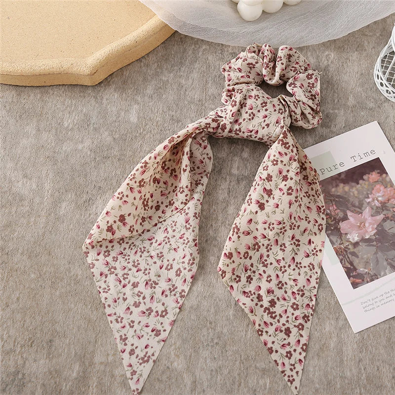 Bohemian Fashion Flower Printed Satin Elastic Long Ribbon Hair Bands Ponytail Scarf Hair Tie Women Scrunchies Hair Accessories