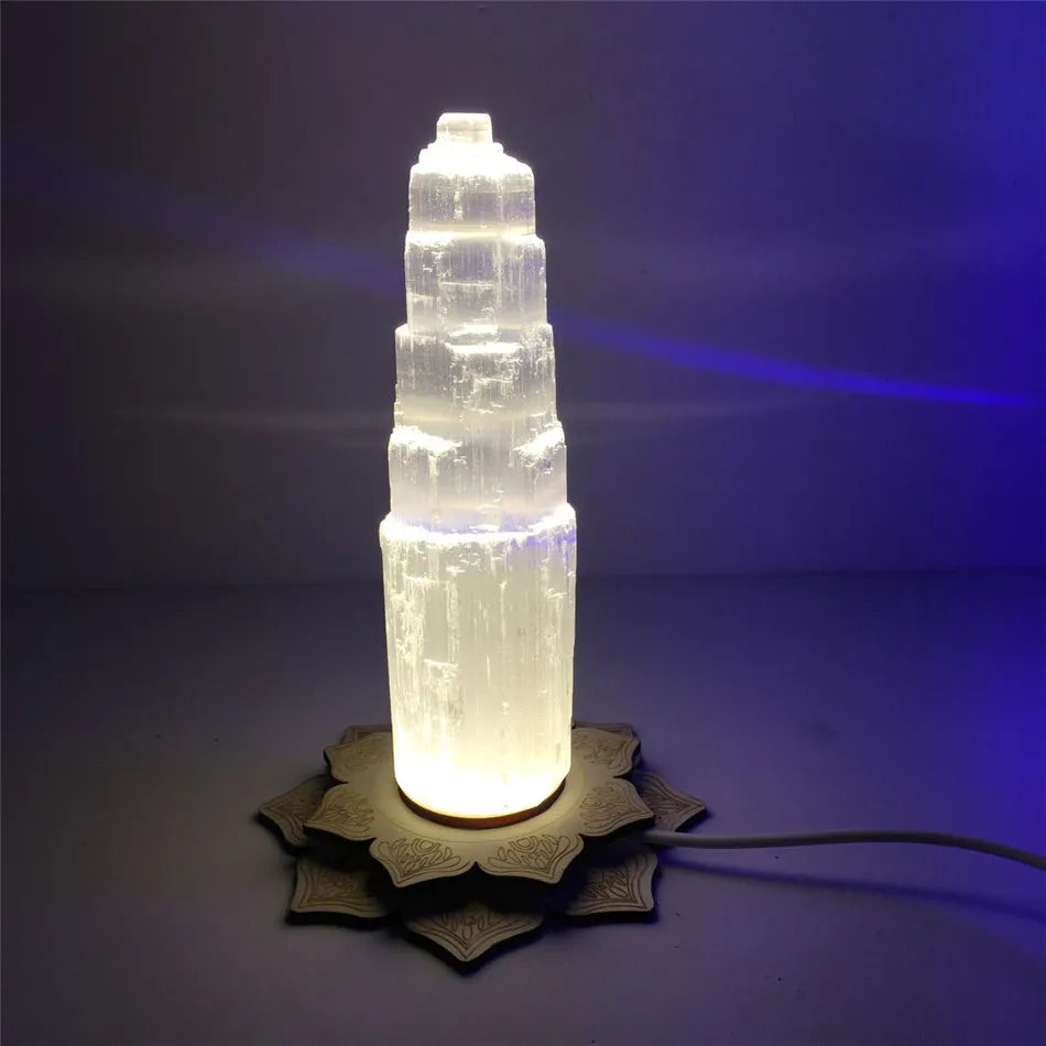 Natural Quartz Crystal Selenite Tower Lotus Lamp Gypsum Castle Reiki Healing Home Decor Mineral Specimen