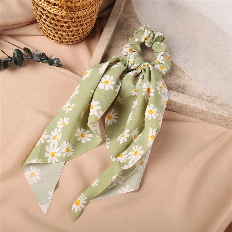 Bohemian Fashion Flower Printed Satin Elastic Long Ribbon Hair Bands Ponytail Scarf Hair Tie Women Scrunchies Hair Accessories
