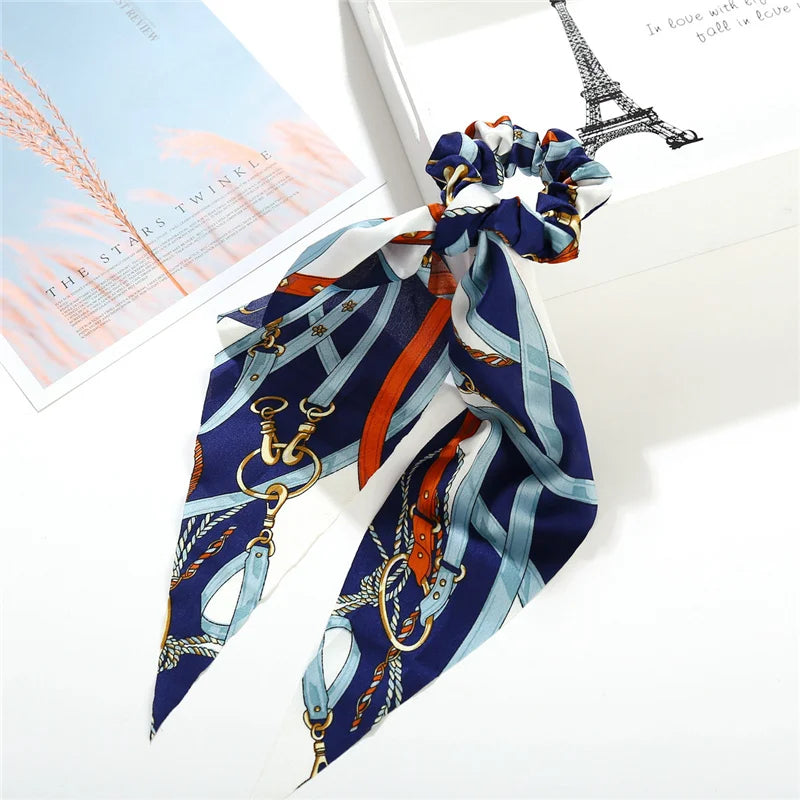 Bohemian Fashion Flower Printed Satin Elastic Long Ribbon Hair Bands Ponytail Scarf Hair Tie Women Scrunchies Hair Accessories