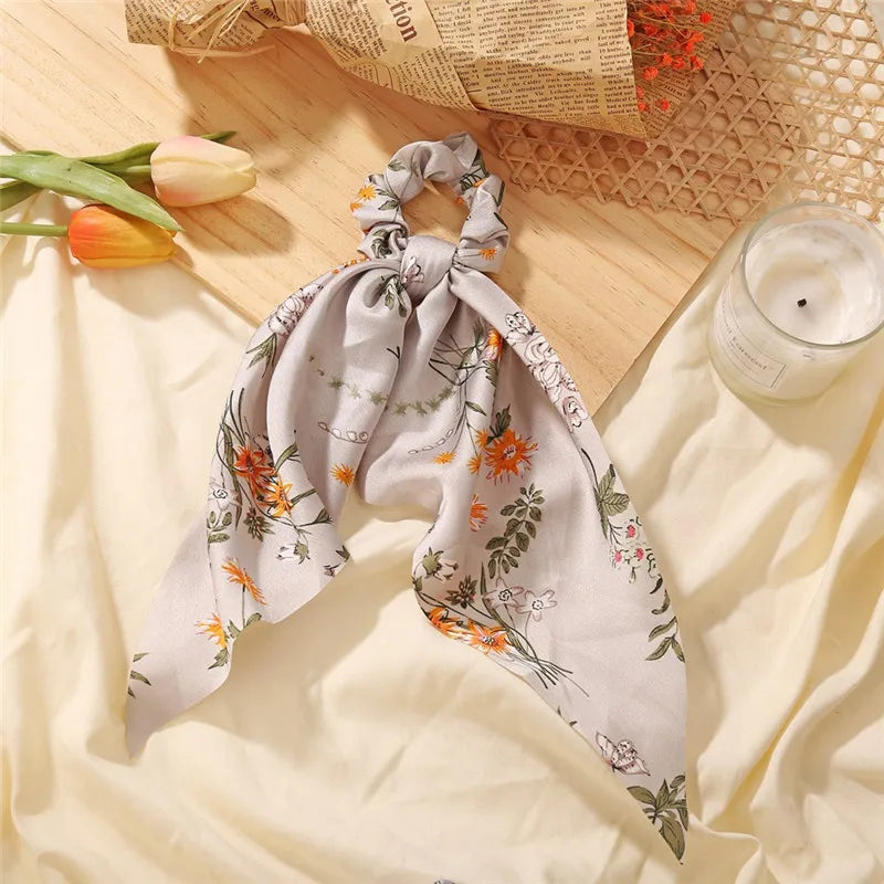 Bohemian Fashion Flower Printed Satin Elastic Long Ribbon Hair Bands Ponytail Scarf Hair Tie Women Scrunchies Hair Accessories