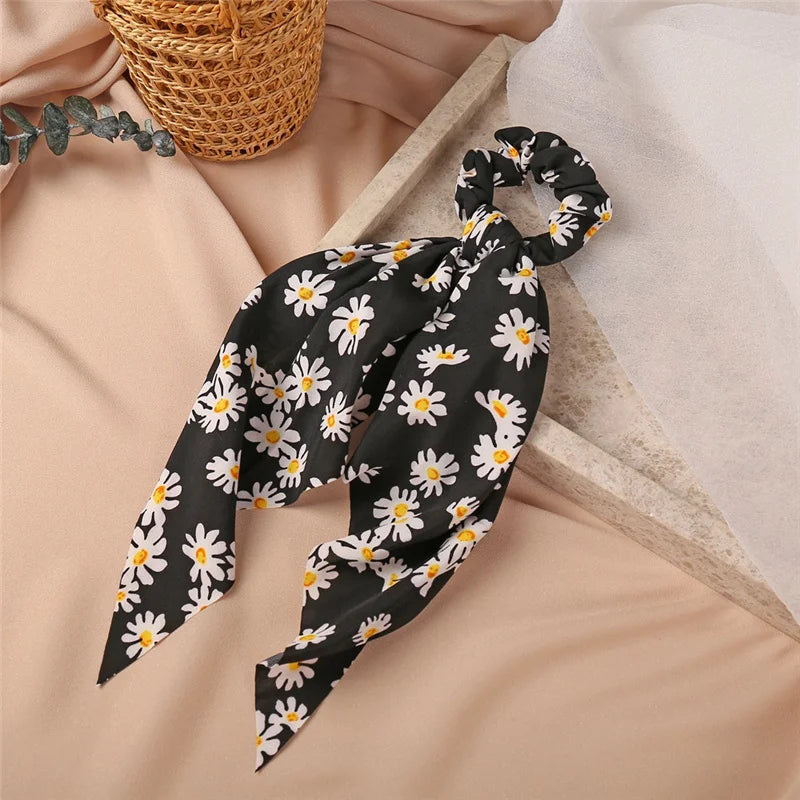 Bohemian Fashion Flower Printed Satin Elastic Long Ribbon Hair Bands Ponytail Scarf Hair Tie Women Scrunchies Hair Accessories