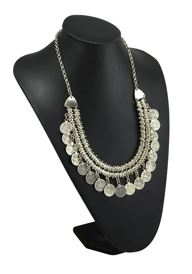Boho Ethnic Turkish Gypsy Tribal Indian Beach Choker Bib Coin Tassel Collares Necklace For Women Vintage Silvery Afghan Jewelry