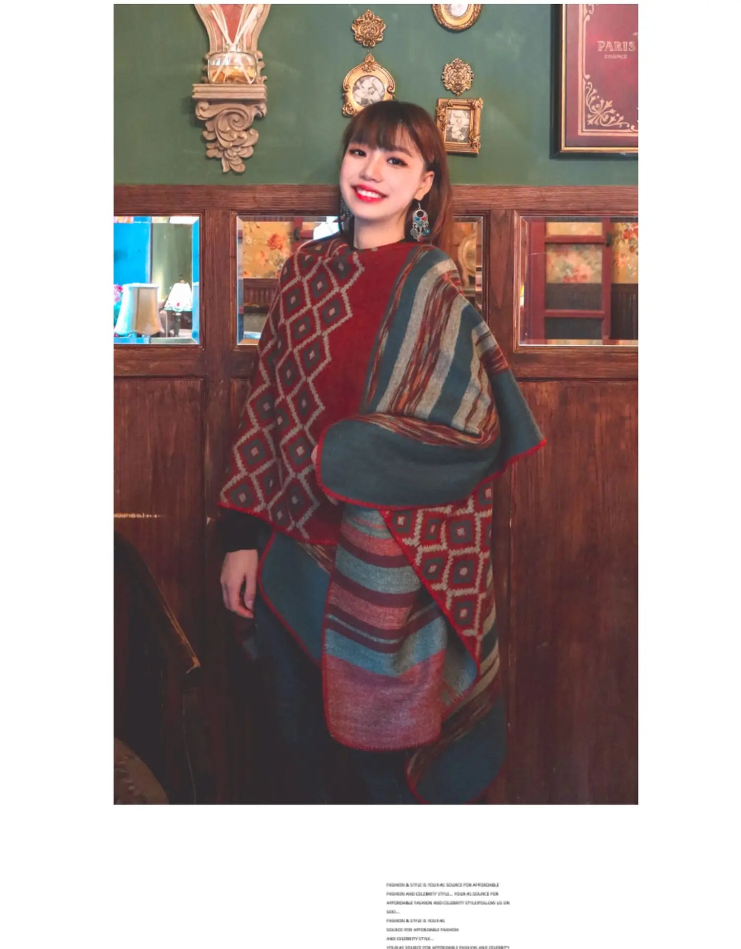 KHALEE YOSE Ethnic Argyle Strapped Cloak Cardigan Vintage Chic Autumn Winter Floral Boho Knited Cape Shawl Poncho Warm Outwear