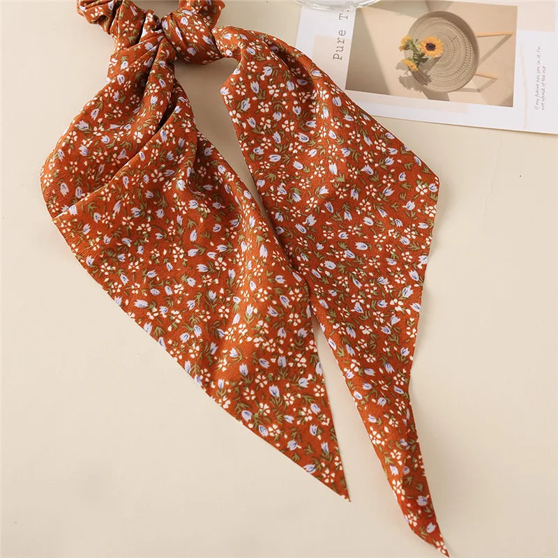Bohemian Fashion Flower Printed Satin Elastic Long Ribbon Hair Bands Ponytail Scarf Hair Tie Women Scrunchies Hair Accessories