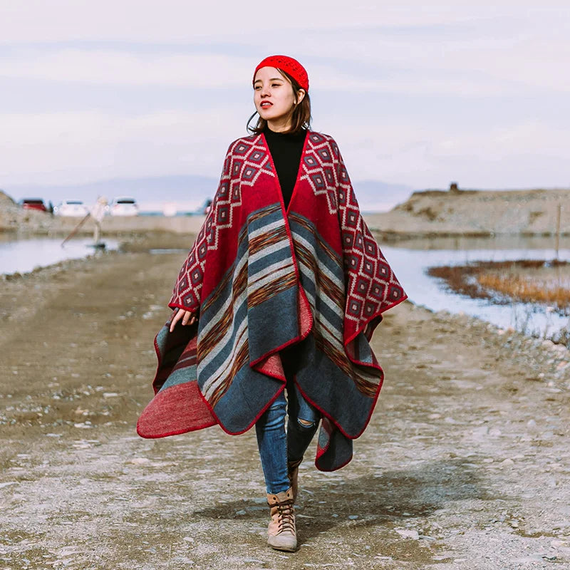 KHALEE YOSE Ethnic Argyle Strapped Cloak Cardigan Vintage Chic Autumn Winter Floral Boho Knited Cape Shawl Poncho Warm Outwear