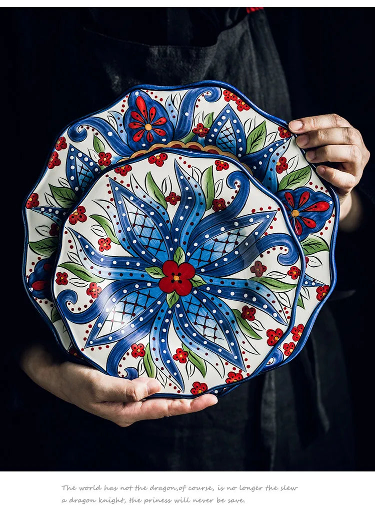 EECAMAIL Creative Hand-painted Ceramic Tableware Boho Flat Plate Pasta Dish Steak Plate Salad Plate Western Dish Underglaze
